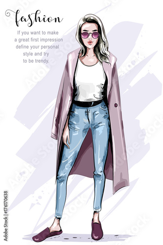 Cool hand drawn fashion woman in coat. Stylish beautiful woman in sunglasses. Fashion look. Sketch. Vector illustration.