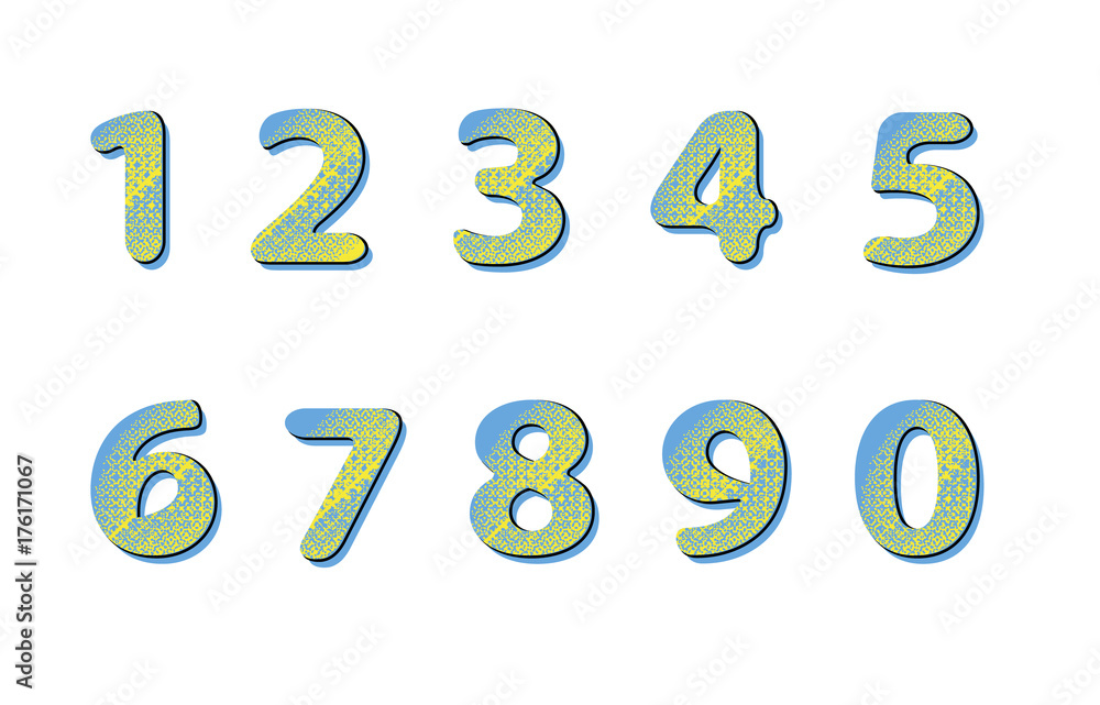 Alphabet in pop art style in yellow and blue colour scheme. Figures. Vector.