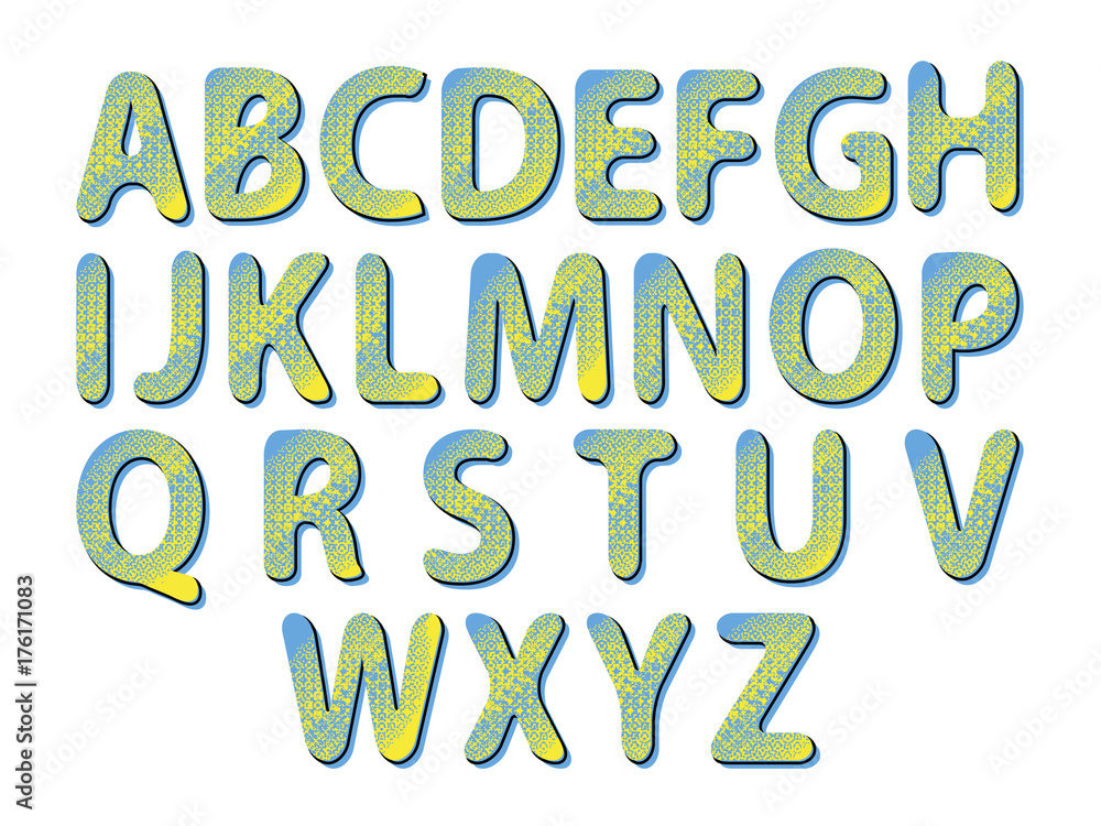 Alphabet in pop art style in yellow and blue colour scheme. Letters. Vector