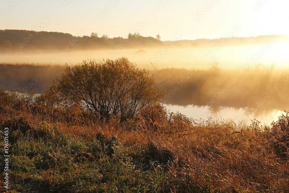 Misty nature landscape on early autumn morning. Russia.