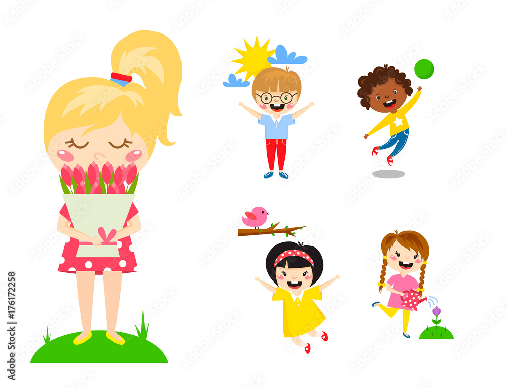 Kids play enjoy spring arrival warm summer little characters happy playing vector illustration. Kids play enjoy spring arrival warm summer little characters happy playing vector illustration.