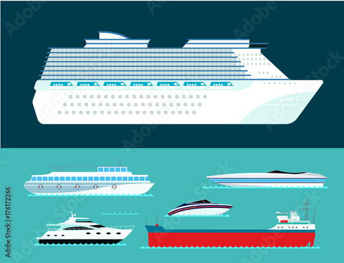 Ship cruiser boat sea symbol vessel travel industry vector sailboats cruise set of marine icon