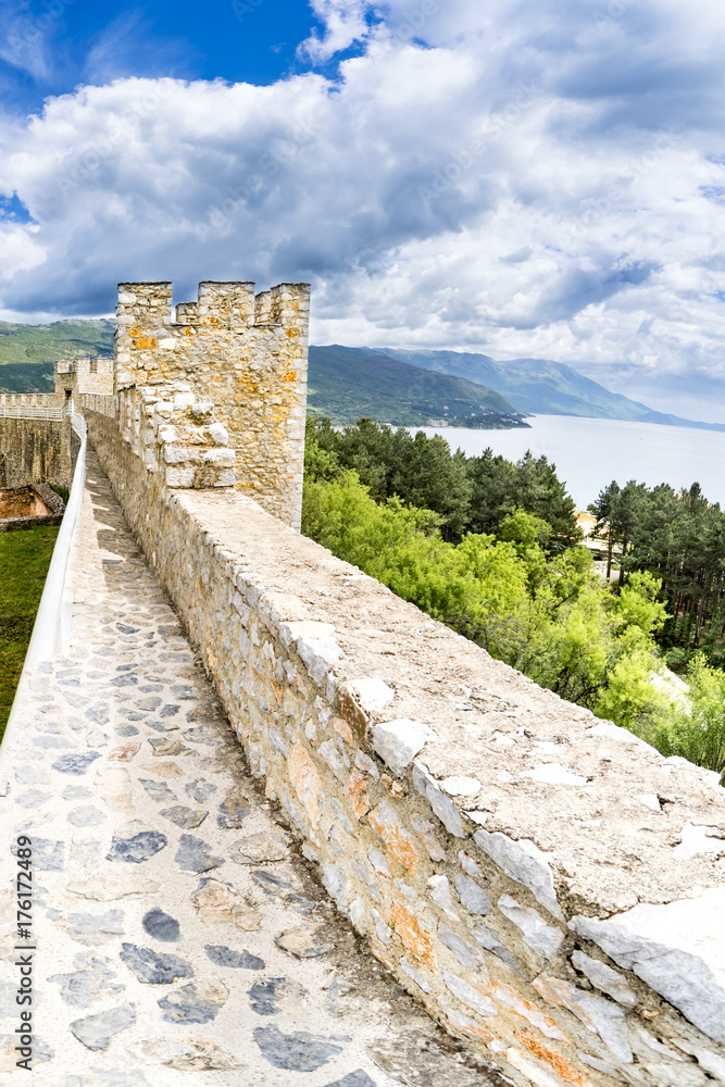 Old fortress ruins of tzar Samuel in Ohrid in a beautiful summer day, Republic of Macedonia, vertical