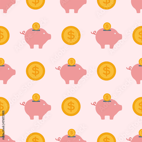 Vector save money piggy bank flat design banking economy save coin finance moneybox seamless pattern background illustration.