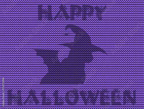  illustration of black cat in witch hat and bat wings silhouette on the violet  knitted background