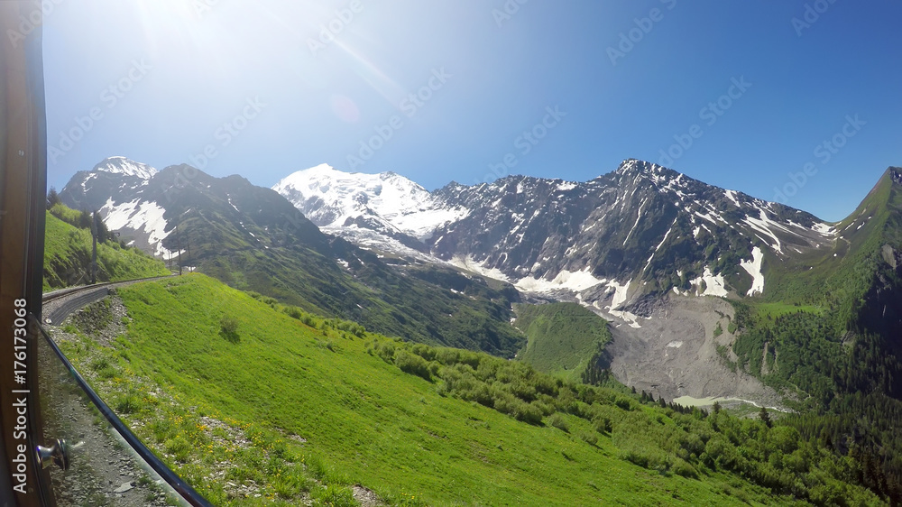 POv from train to Mont Blanc mountain massif (Chamonix valley, France, view from Plaine Joux outskirts).