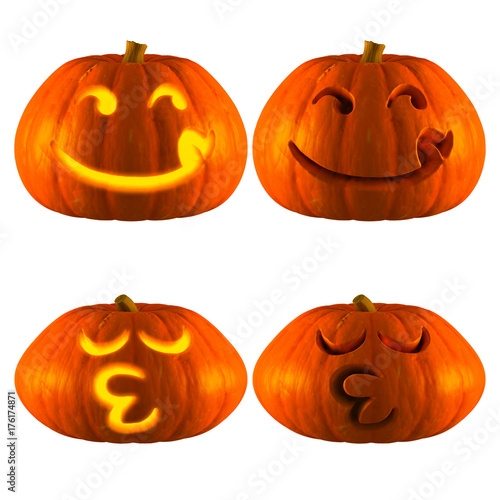 3D Rendering of Jack O Lantern or Halloween Pumpkin Head With 2 Difference Type of Hungry and whistle Isolated White Background.