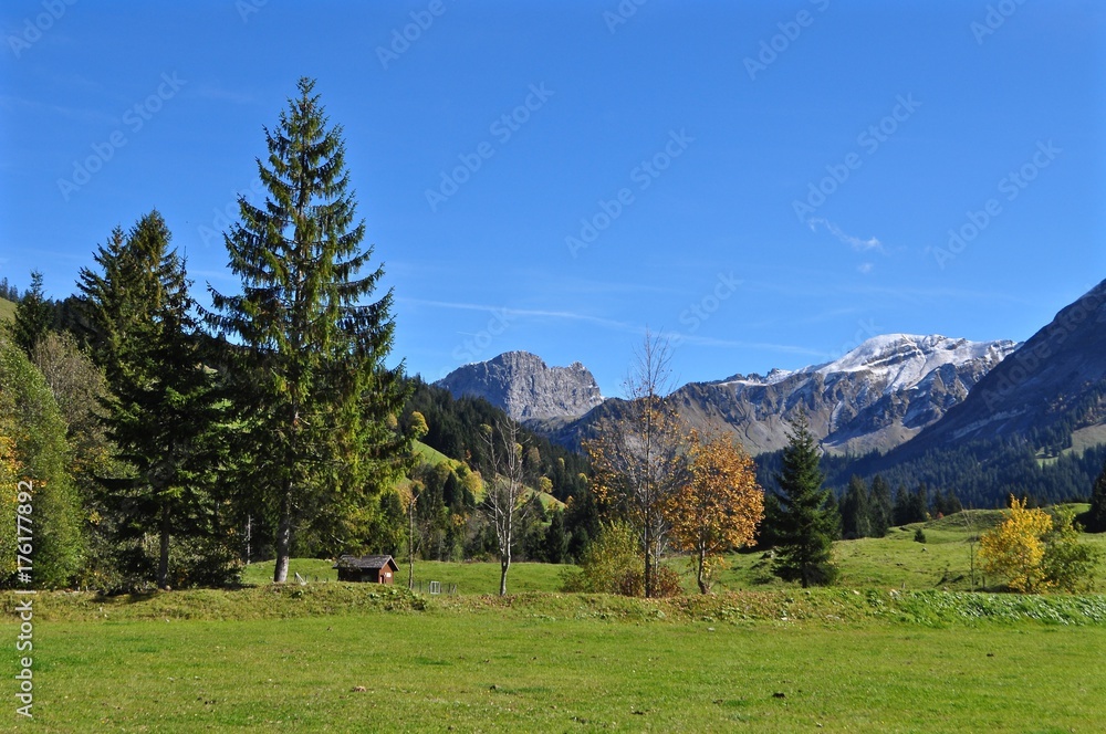 Wandergebiet Sörenberg und Berge Brienzer Rothorn, Höch Gumme und Furgge im Hintergrund bei blauem Himmel