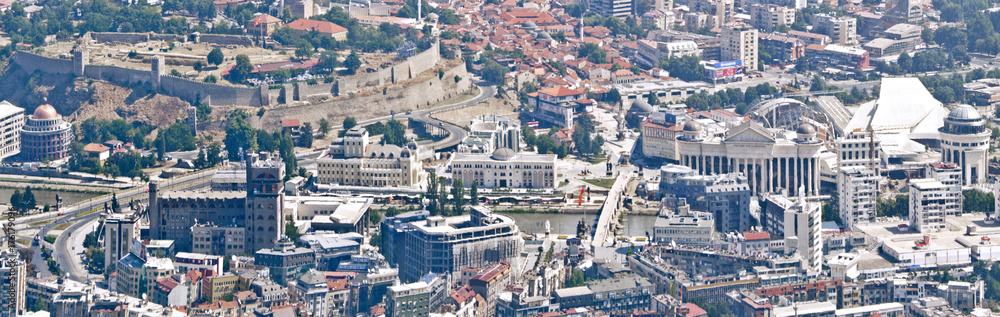 Aerial view panorama of Skopje centrum with objects built with 2014 project, Macedonia