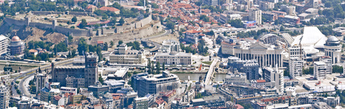 Fototapeta Naklejka Na Ścianę i Meble -  Aerial view panorama of Skopje centrum with objects built with 2014 project, Macedonia