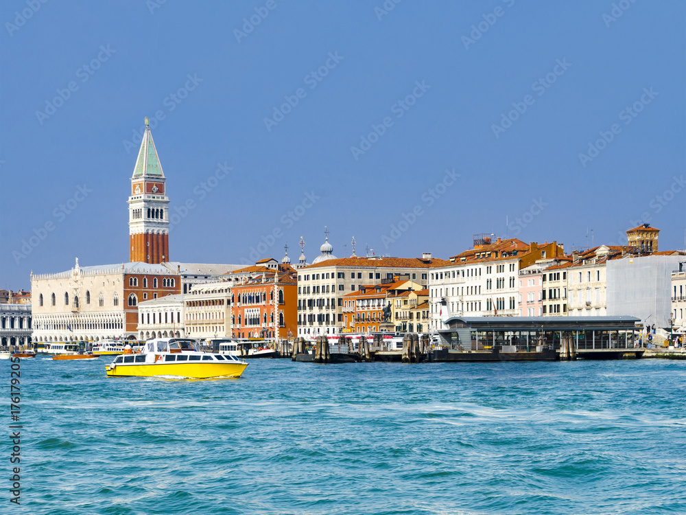 Venice Doge’s palace, Campanile and San Marco place, Italy from lagoon
