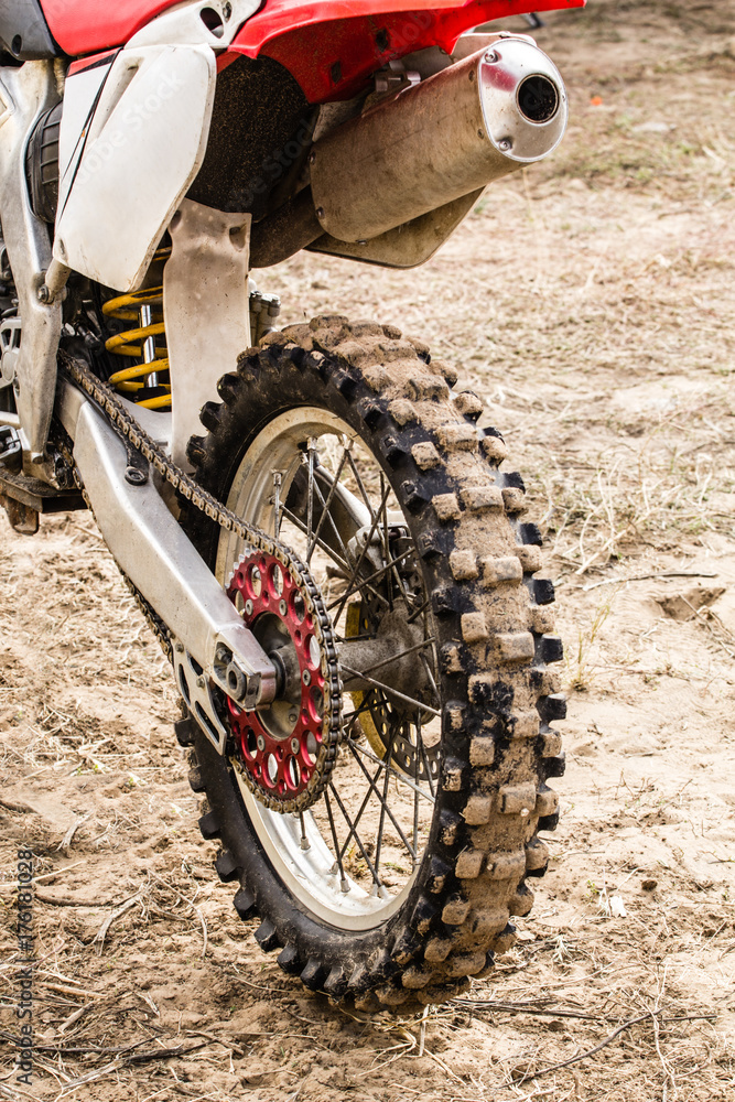 Rear wheel of a sports motorcycle close-up Rear wheel of a sports motorcycle close-up