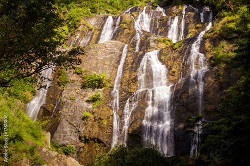Foamy Waterfall Streams Fall along Cliff among Tropical Plants