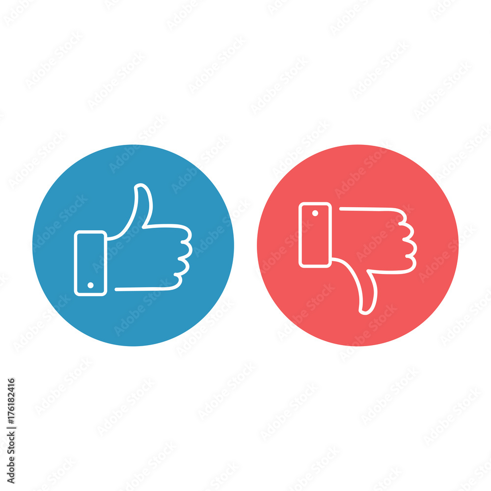 Like and dislike icons set. Thumbs up and thumbs down. Modern graphic elements for web banners, web sites, printed materials, infographics. Vector round thin line icons isolated on white background. Like and dislike icons set. Thumbs up and thumbs down. Modern graphic elements for web banners, web sites, printed materials, infographics. Vector round thin line icons isolated on white background.