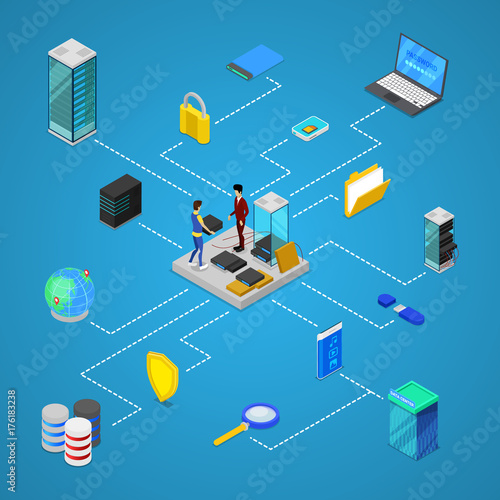 Data center with hosting servers equipment and staff isometric poster. Global communication, cloud database, computer technology infographics, network security and administration vector illustration