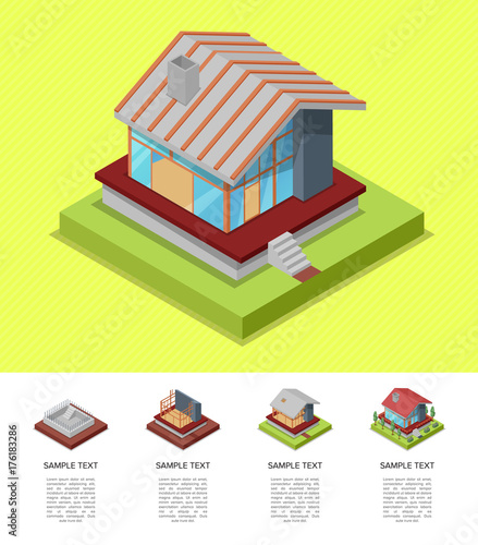 House construction stages isometric poster. Land preparation under building, foundation pouring, construction of walls, roof installation. Real estate engineering and development vector illustration.