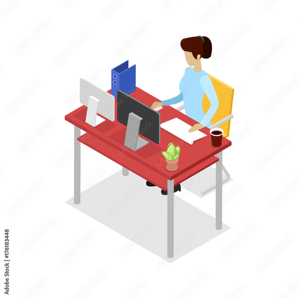 Secretary work on computer isometric 3D icon. Corporate office life, modern workplace, business people conceptual vector illustration.