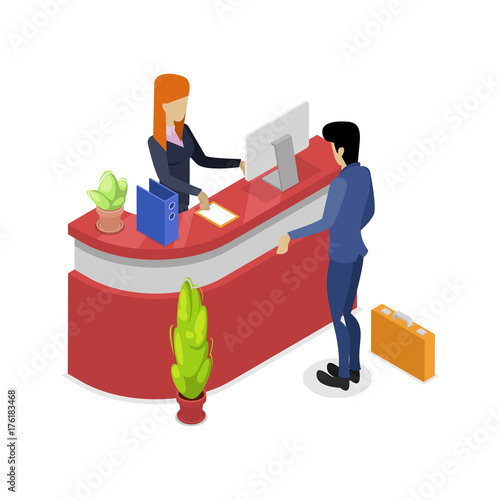 Company reception stand isometric 3D icon. Corporate office life, modern workplace, business people conceptual vector illustration.