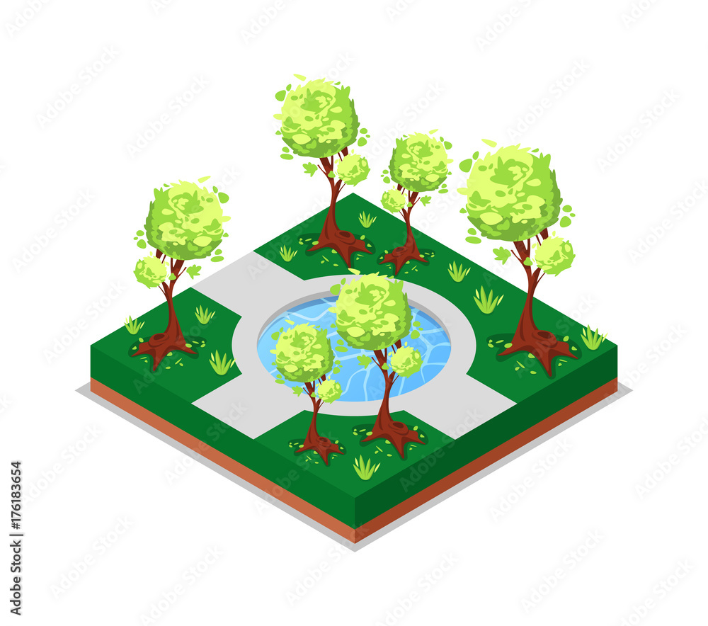 Water pool in park isometric 3D icon. Public park decorative plant and green grass vector illustration. Nature map element for summer parkland landscape design.