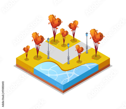 Park zone with trimmed trees isometric 3D icon. Public park decorative plant vector illustration. Nature map element for summer parkland landscape design.
