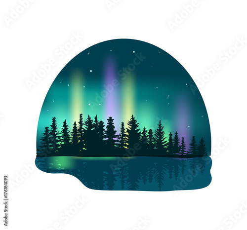 Northern lights over deep forest isolated icon. Colorful aurora borealis vector illustration in cartoon style.