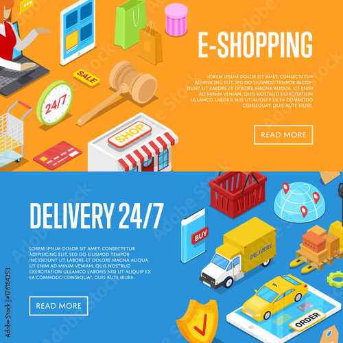Online 24/7 shopping isometric 3D posters set. E-shopping concept with shopping bag, credit card, goods and products. Mobile marketing, e-payment, fast home delivery service vector illustration.