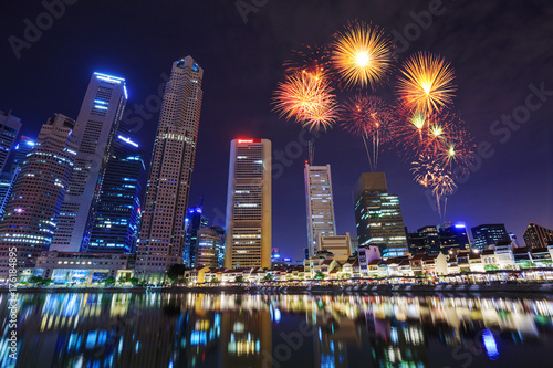 beautiful firework over cityscape view of Singapore city