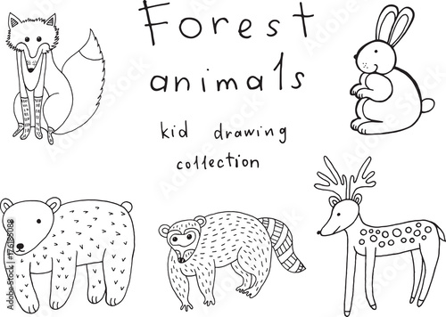 Kids drawing of animals. Doodle collection of funny coloring pages for kids.