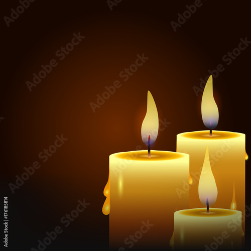 Realistic yellow candle on black background. Vector
