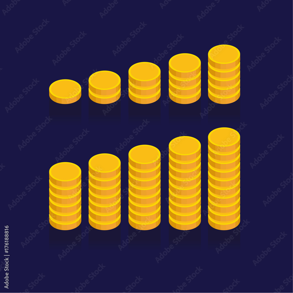 Gold coins vector icons, golden coins stacks and heaps. on blue background. illustration. logo. Symbols