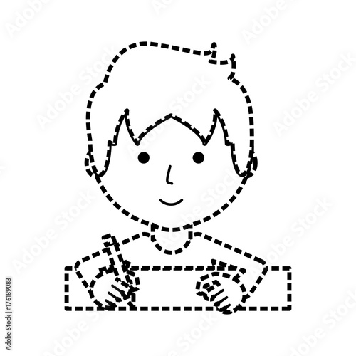 flat line man writing sticker over white background vector illustration