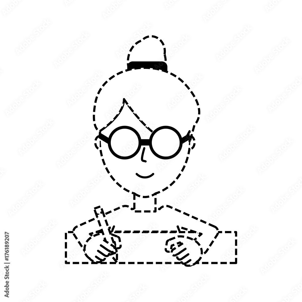 flat line woman writing  sticker over white background  vector illustration