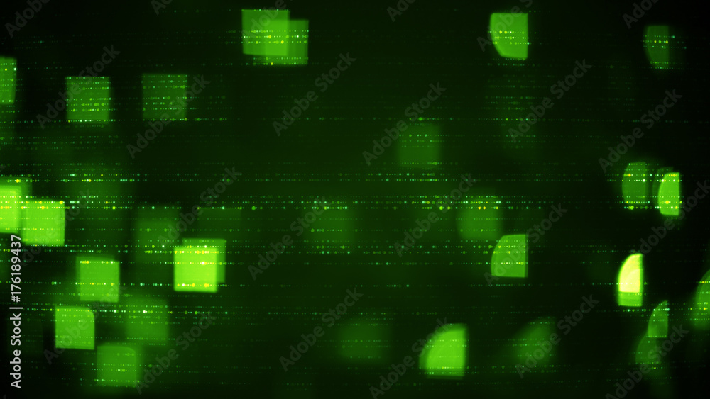 Abstract symbols and green squares blurry lights