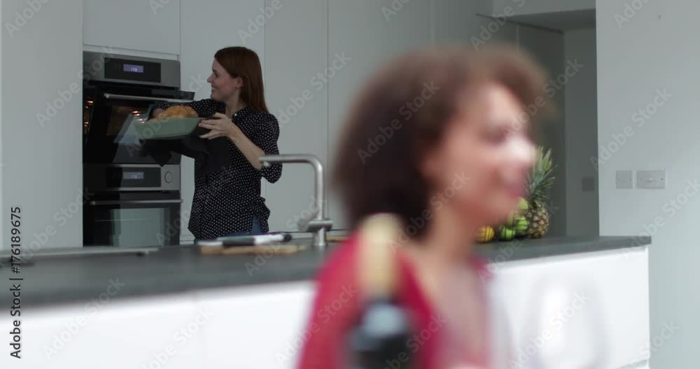 Adult female serving Christmas meal to friends Adult female serving Christmas meal to friends