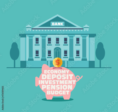 Piggy bank with inscriptions: economy, deposit, investment, pension, budget. Bank building in City Street. Saving and investing money concept. Future financial planning concept