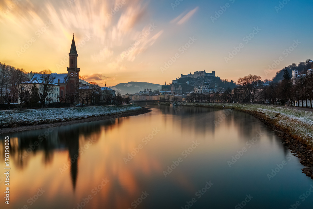 Old town and river view in Europe with sunset sky background, travel destination