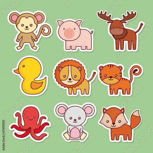 cute animals icon set over green  background colorful design vector illustration