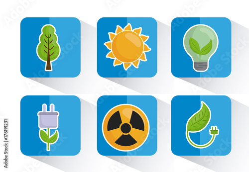 icon set of renewable energy concept over blue squares and white background colorful design vector illustration