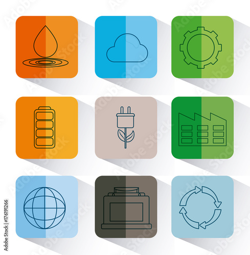 icon set of renewable energy concept over colorful squares and white background vector illustration