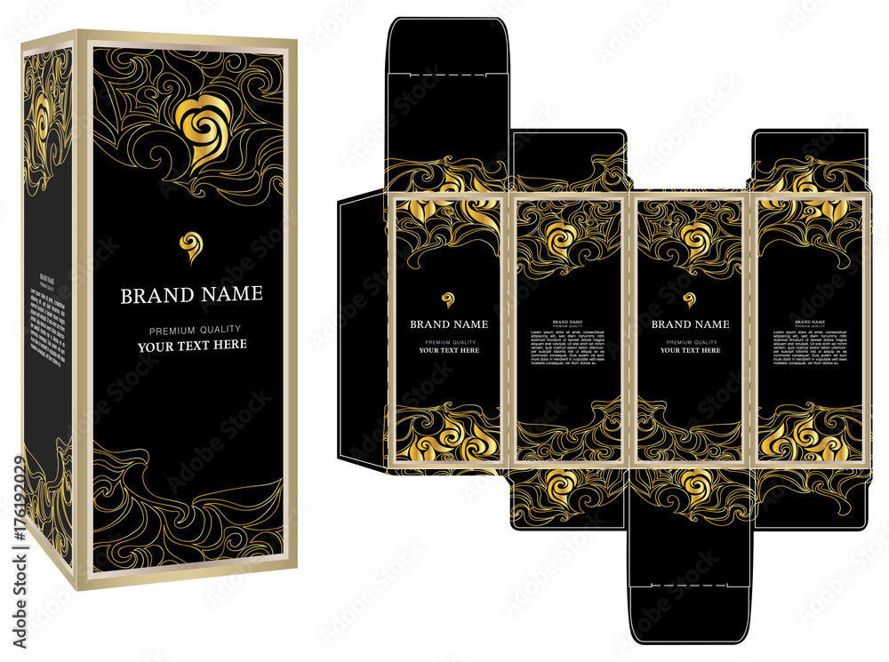 Packaging design vector, black and gold luxury box template and mock-up box.  Stock Vector | Adobe Stock