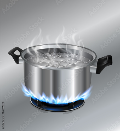 Stainless steel pot boiling water. On the gas stove. Vector realistic file.