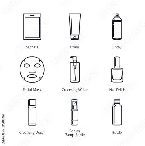 Line icon of cosmetic container and beauty product collection.
