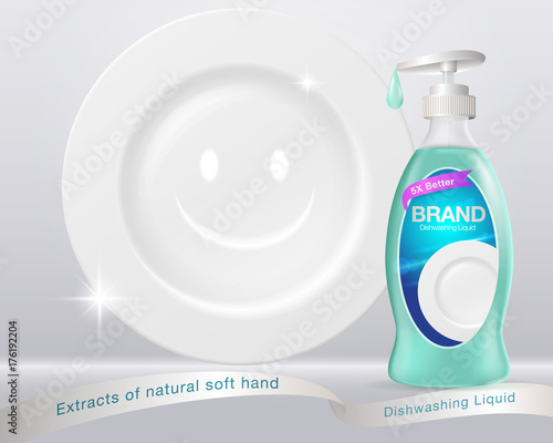 Ads Dishwashing Liquid. Dish-washing bottle form Used for advertising such as posters, flyers, books, Internet. illustrations advertising. Vector realistic.