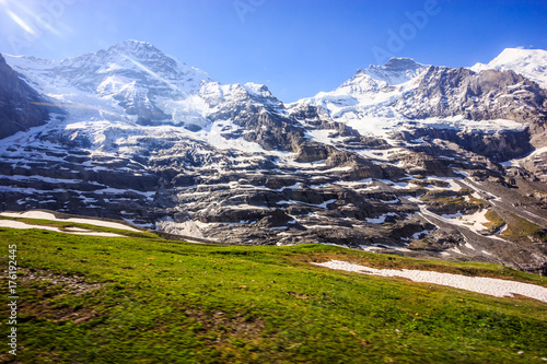 Majestic Natural European Swiss Alpine Scenery Background, Jungfrau Region, Lauterbrunnen, Bernese Oberland, Bern Canton, Switzerland, Europe.