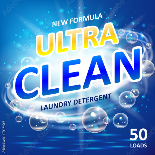 Soap ultra clean design product. Toilet or bathroom tub cleanser. Wash soap background design. Laundry detergent package ads. Washing machine laundry detergent packaging template. Vector illustration