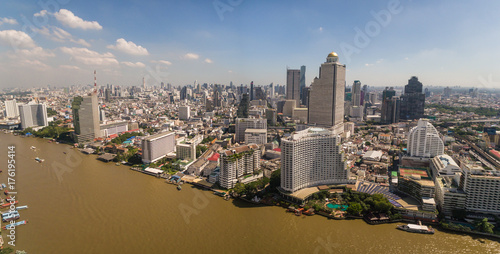 Upmarket Hotels On The Chao Phraya River In Bangkok, Thailand, Aerial Drone Panorama