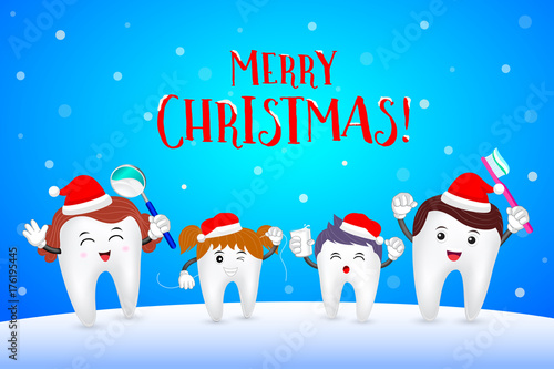 Happy family tooth with Santa hat. Merry Christmas and Happy new year with snow. illustration on blue background.