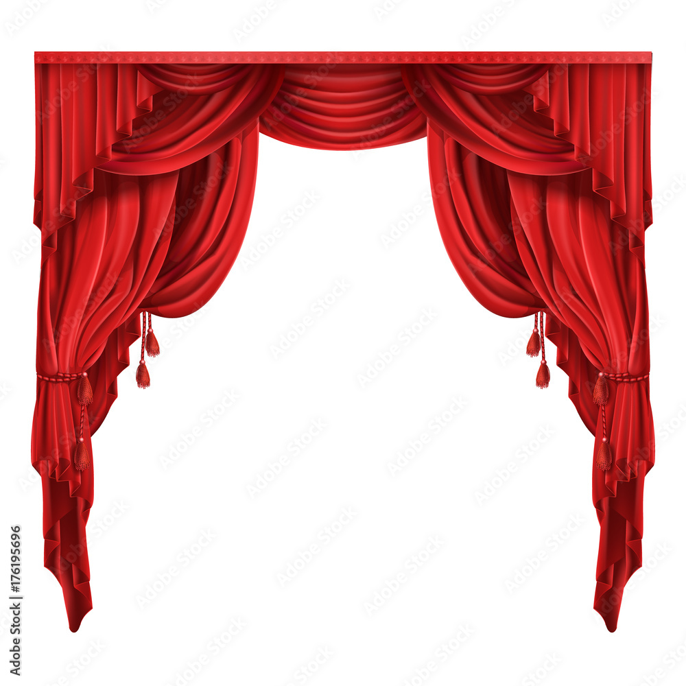 Heavy red curtains or drapes in victorian style gathered with tassels rope realistic isolated vector illustration. Window dressing, theater stage, retro frame with copyspace for product premiere ad - obrazy, fototapety, plakaty 