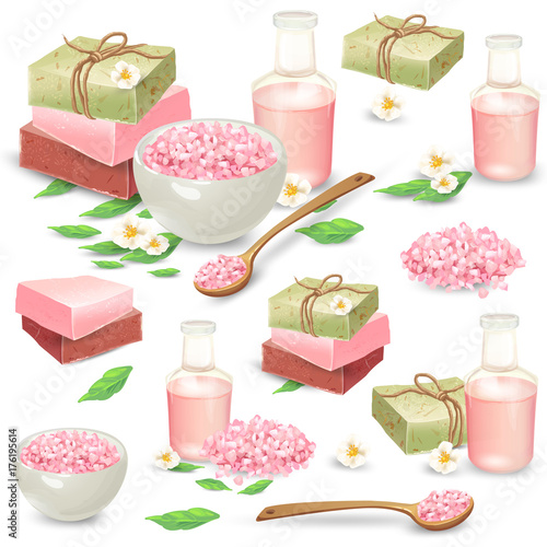 Organic handmade soap packed in craft paper, aromatic salt in bowl and wooden spoon, massage oil in bottle vector illustrations set isolated on white background. Natural cosmetics for spa treatments