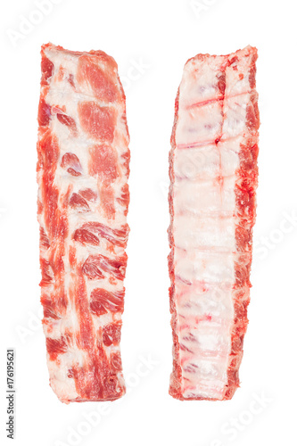 Pork ribs isolated on white background closeup, top view